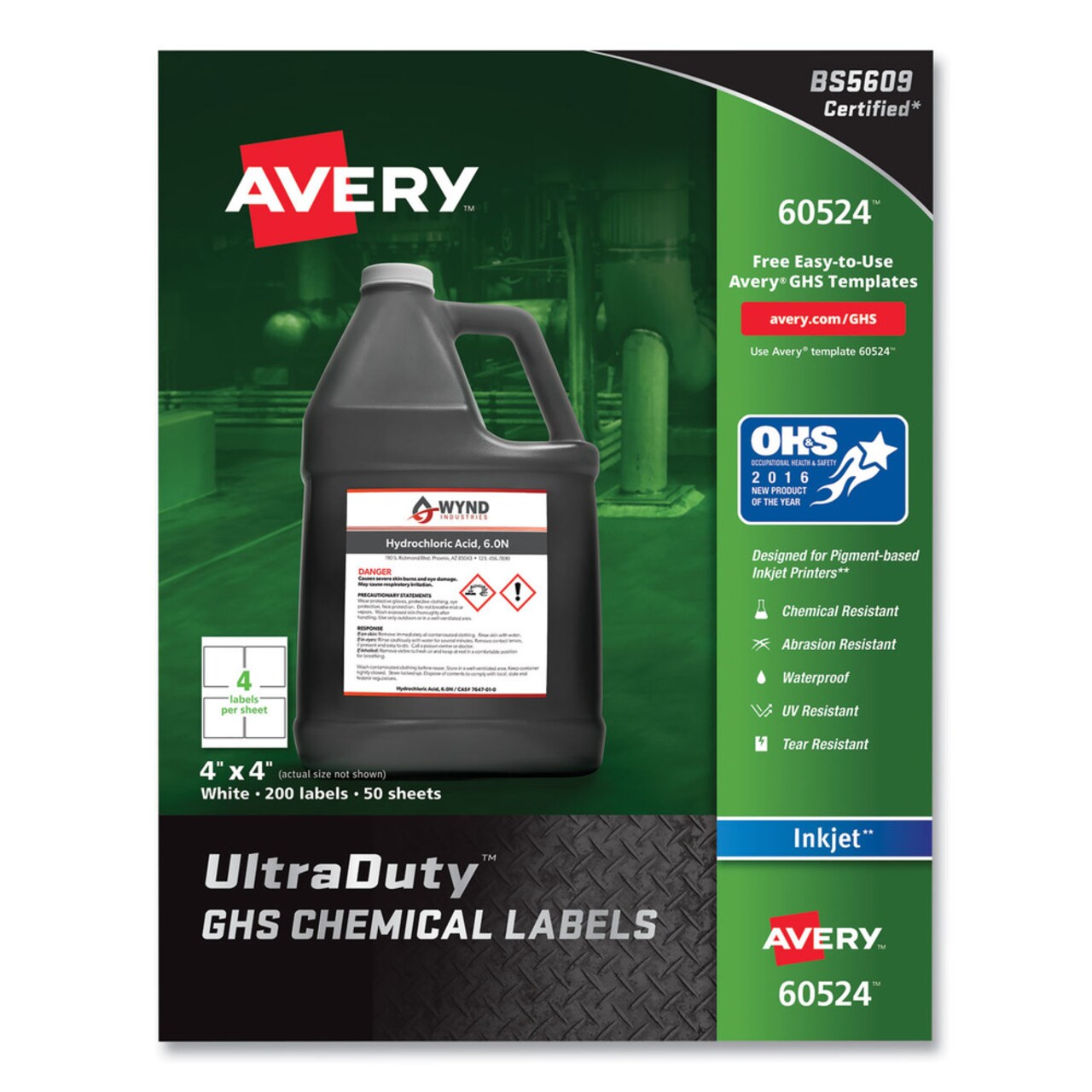 Avery UltraDuty 4 in. x 4 in. GHS Chemical Waterproof and UV Resistant Labels - White (200/Pack)
